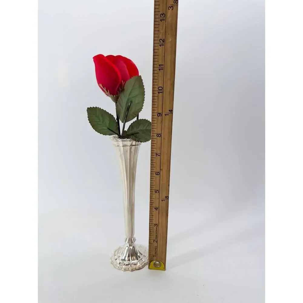 Vintage Avon Silverplate Bud Vase Red Fabric Rose Italy Hong Kong